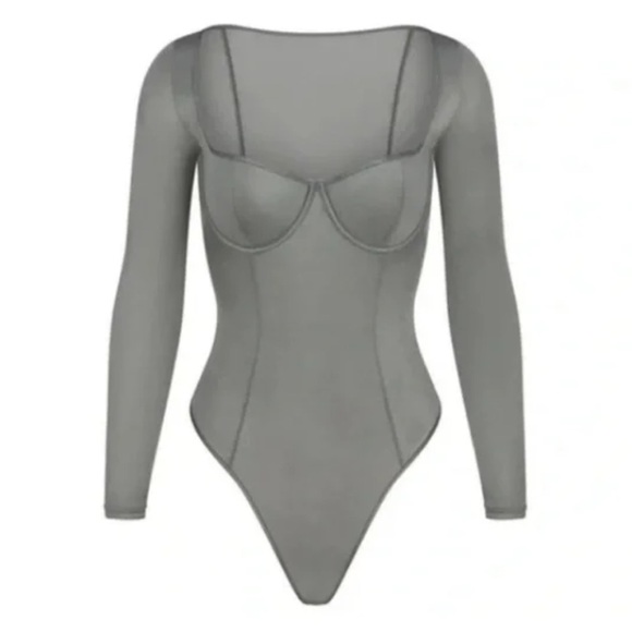 NEW SKIMS LONG SLEEVE GLISSENETTE UNDERWIRE BODYSUIT IN THUNDER SMALL - Picture 1 of 9